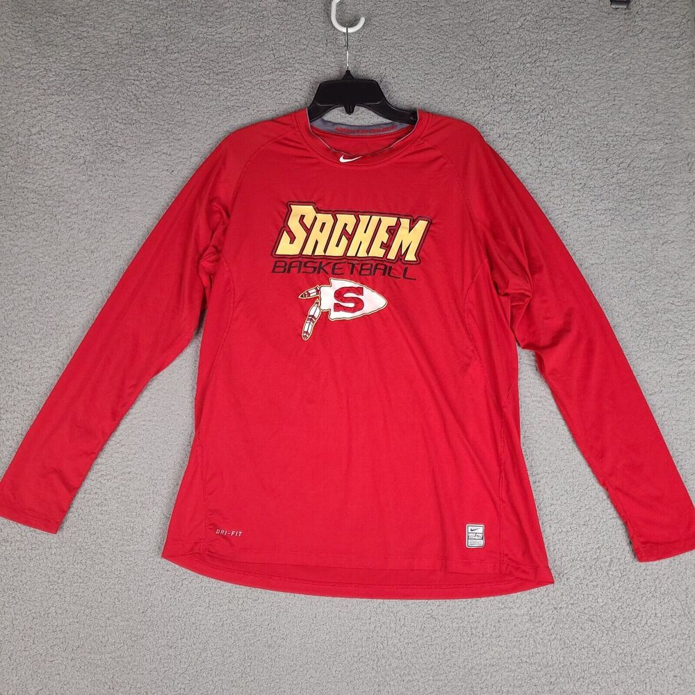 Nike Pro Combat Sachem Basketball Shirt Mens XL Red Dri-Fit Fitted Long Sleeve